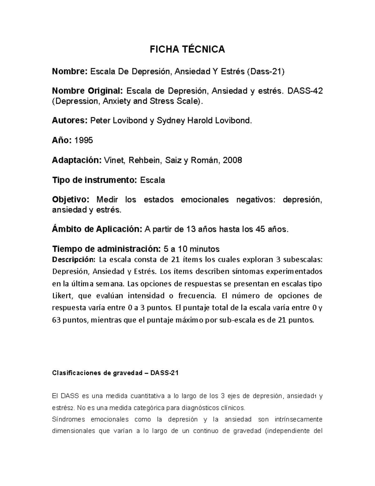 Ficha Técnica sobre DASS-21: Escala de Depresión, Ansiedad y Estrés ...