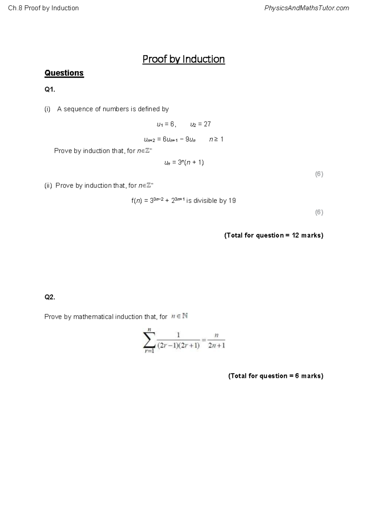 Ch.8 Proof by induction questions and mark scheme - Studocu