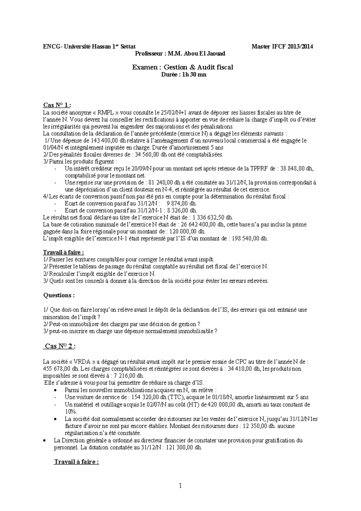 Master IFCF Examen : Audit Fiscal - Cas Pratique et Conseils - Studocu