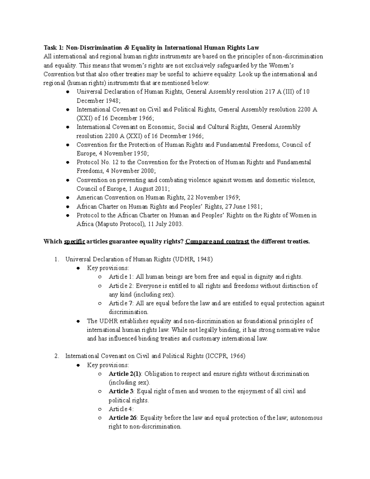 HRW 101: Equality in International Human Rights Law - Task 1 Analysis ...