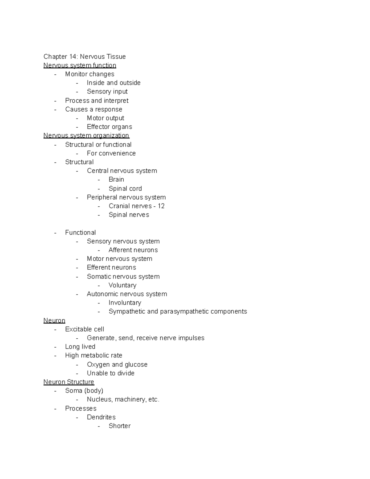 Chapter 14: Nervous Tissue and Chapter 15: Brain Overview - Chapter 14 ...