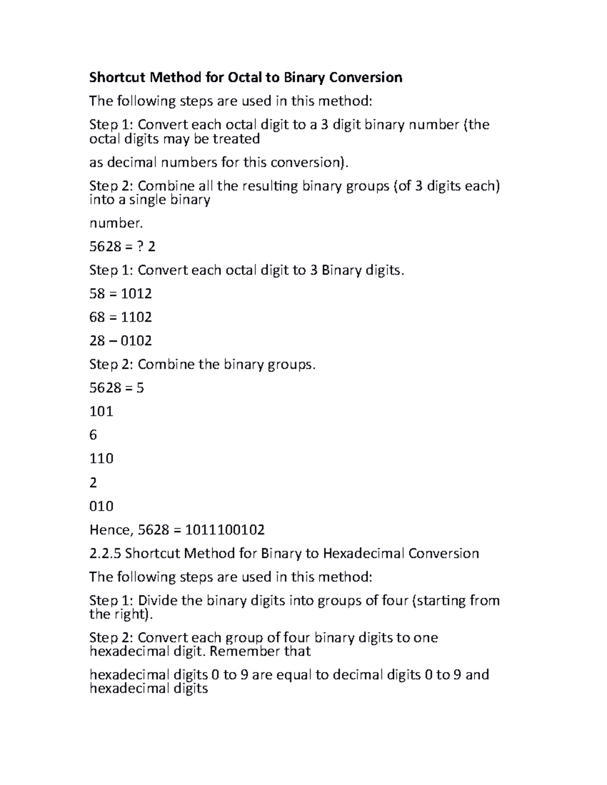 Shortcut Method for Octal to Binary Conversion Notes (CS101) - Studocu