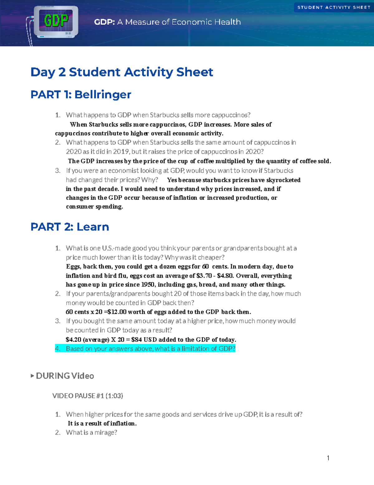 Day 2 Student Activity Sheet: Real vs. Nominal GDP Analysis - Studocu