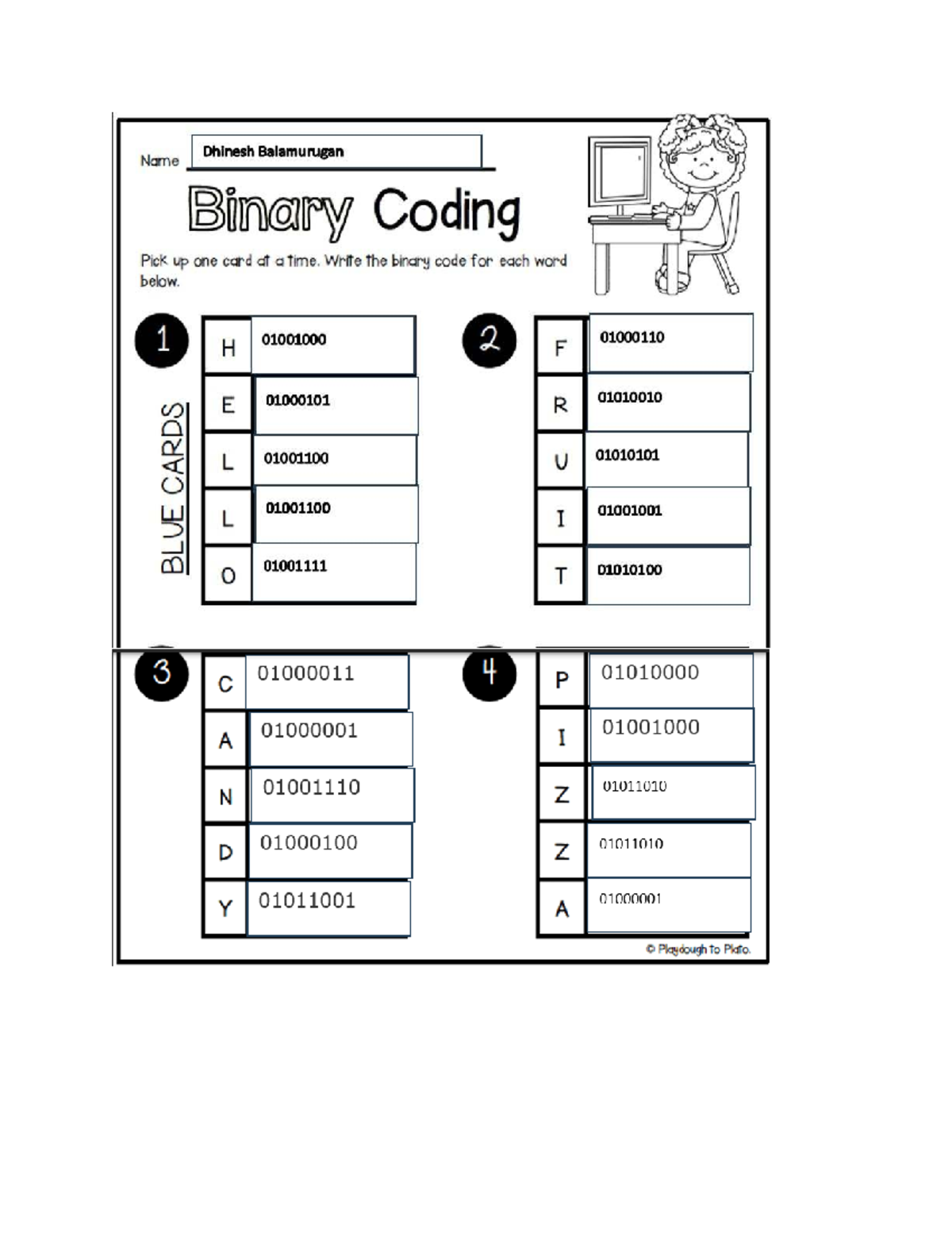 Binary Coding Worksheet - Dhinesh Balamurugan - Studocu