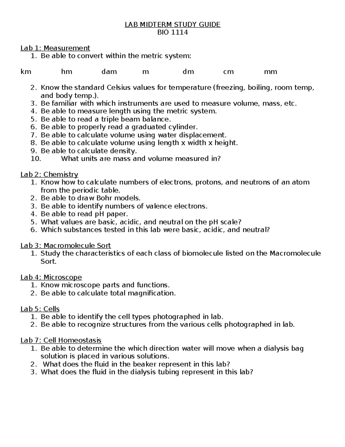 BIO 1114 Lab Midterm Study Guide: Key Concepts & Measurements - Studocu