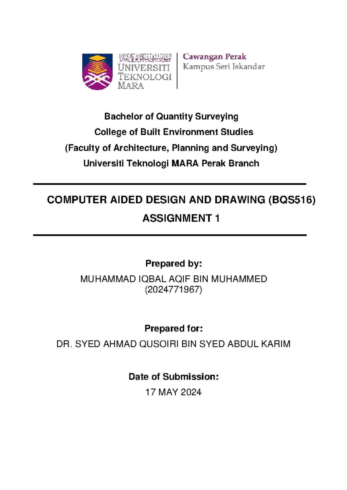BQS516 Computer Aided Design & Drawing Assignment 1 - Studocu