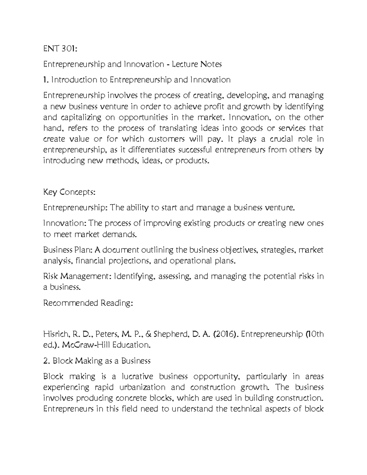 ENT 301: Lecture Notes on Entrepreneurship & Innovation in Block Making ...