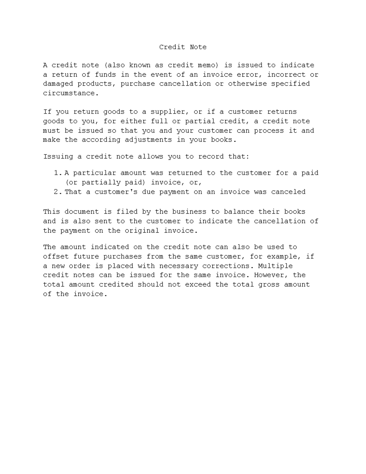 Definition of Credit Note, Invoice, and Checks in Finance - Studocu