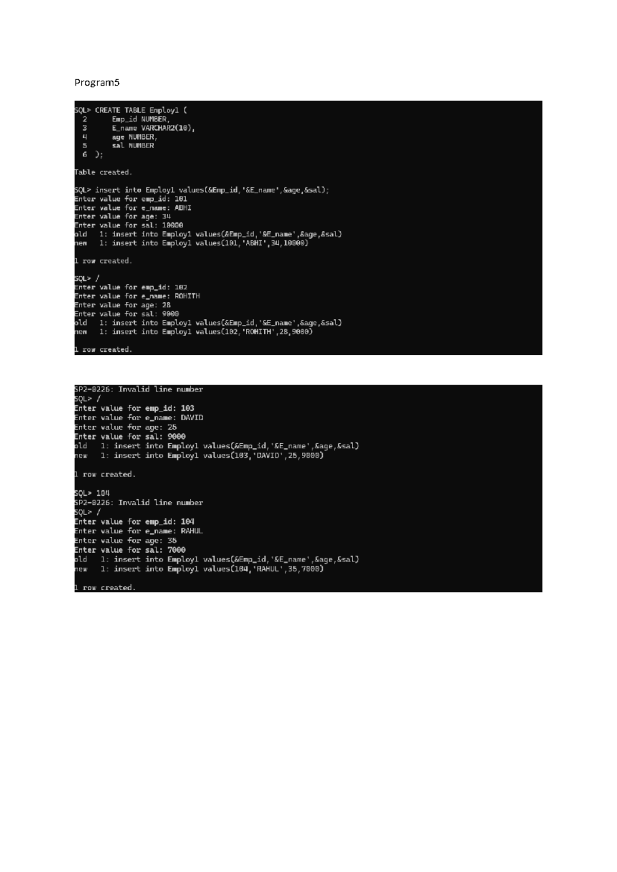 Dbms5th Program: Creating and Inserting into Employ1 Table - Studocu