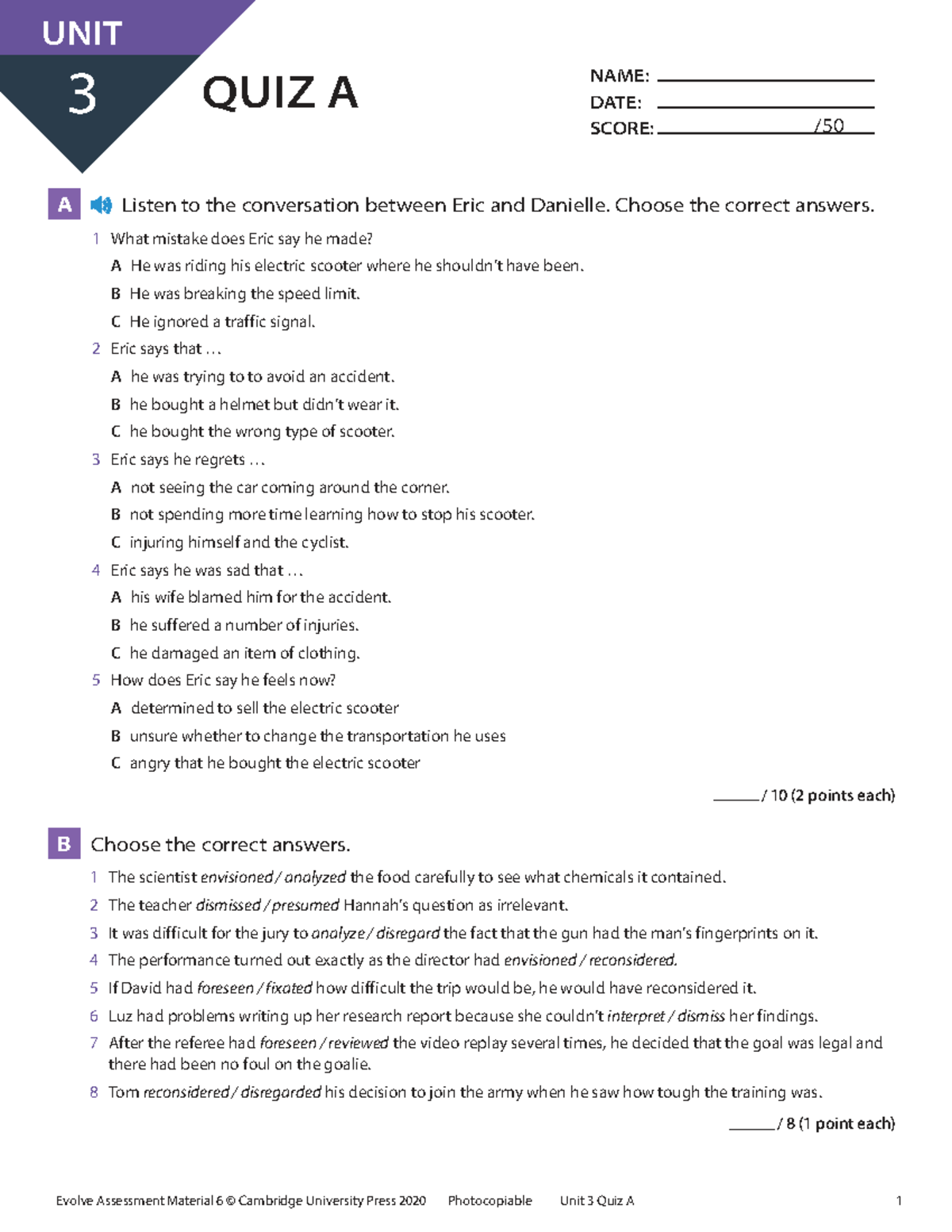 Evolve L6 Unit 3 Quiz A: Listening & Grammar Exercises - Studocu