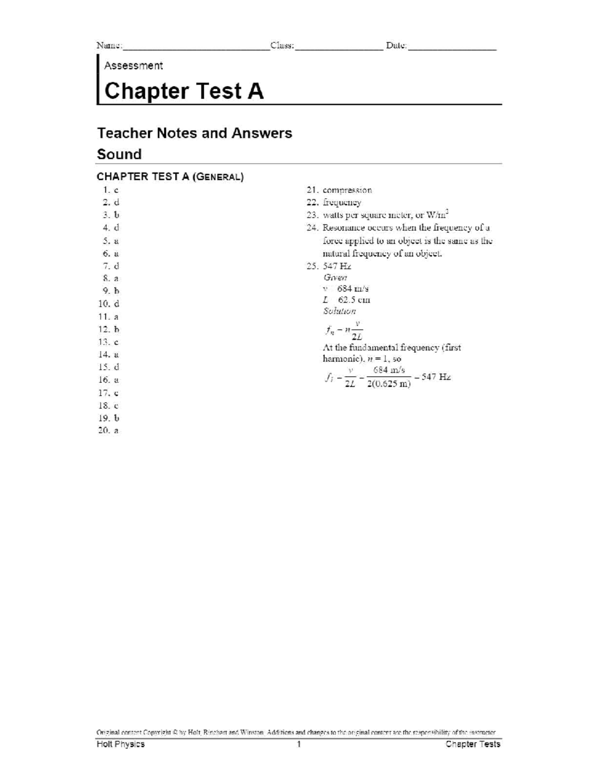 Holt Physics Sound Chapter Test A - Teacher Notes &amp; Answers - Studocu