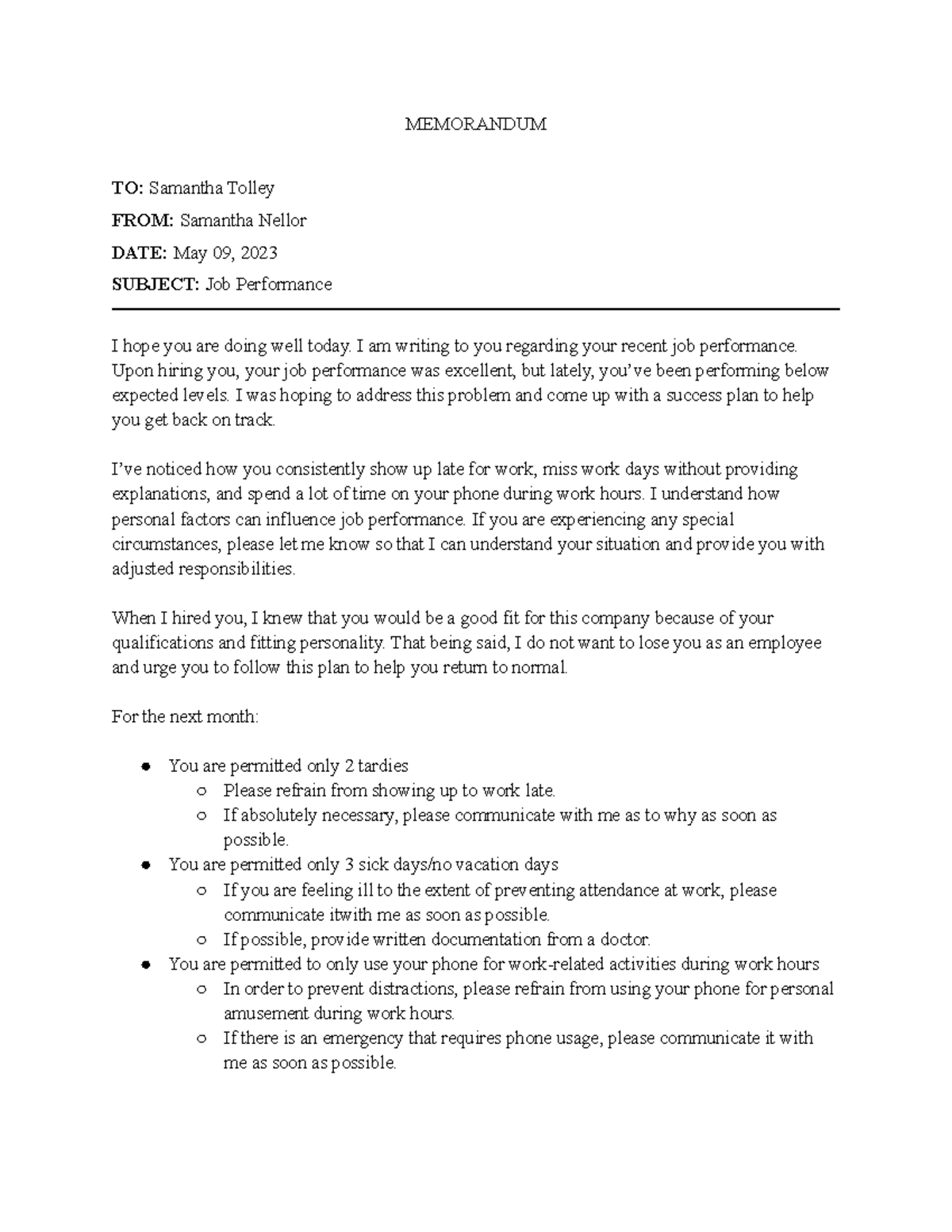 Correspondence Case Study (Final Exam) on Job Performance Issues - Studocu