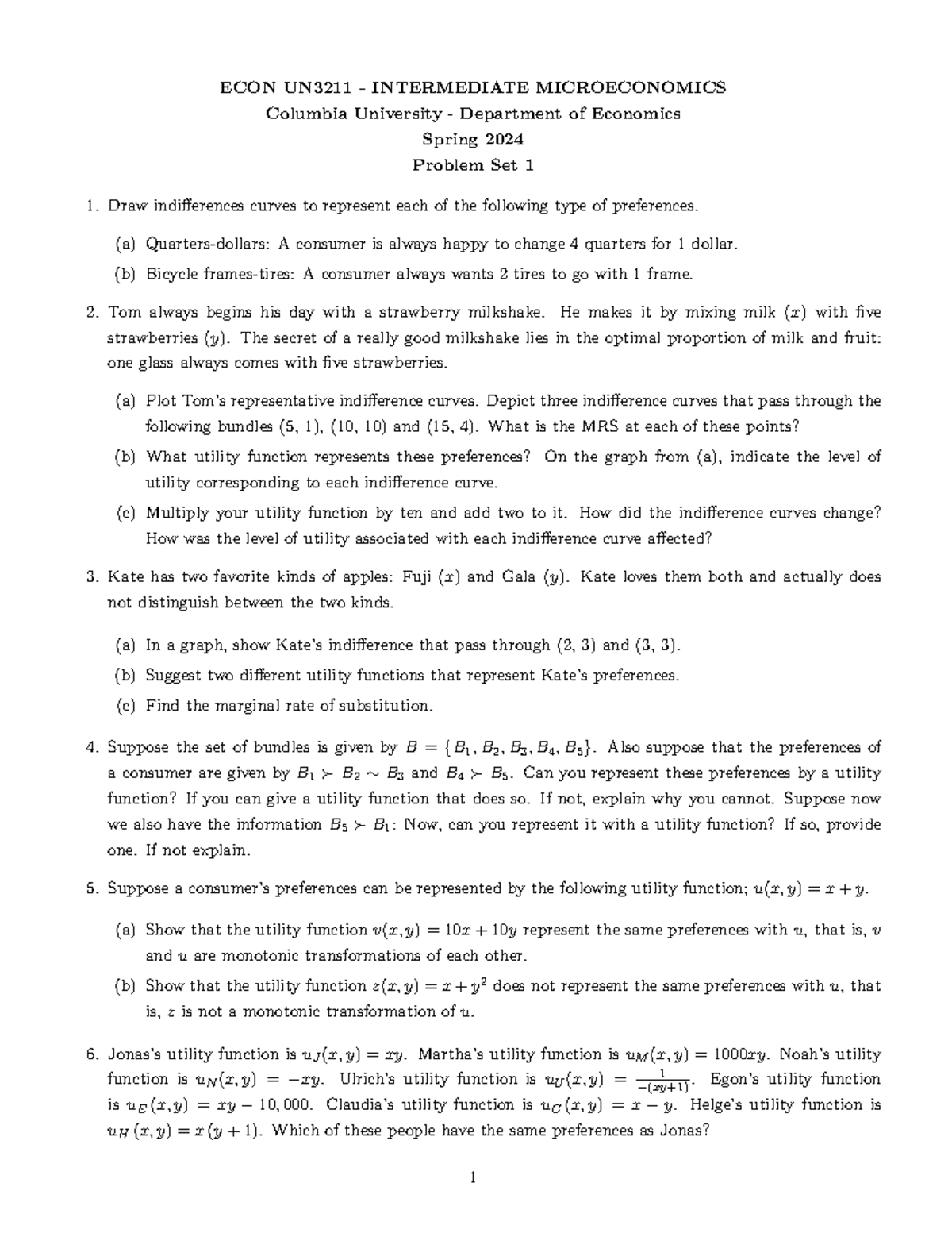 ECON UN3211 Intermediate Microeconomics Spring 2024 Problem Set 1 - Studocu