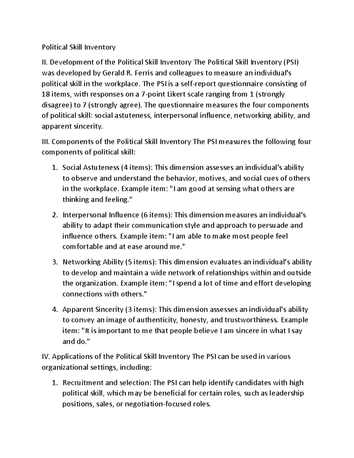 Development of the Political Skill Inventory (PSI) and Its Applications ...