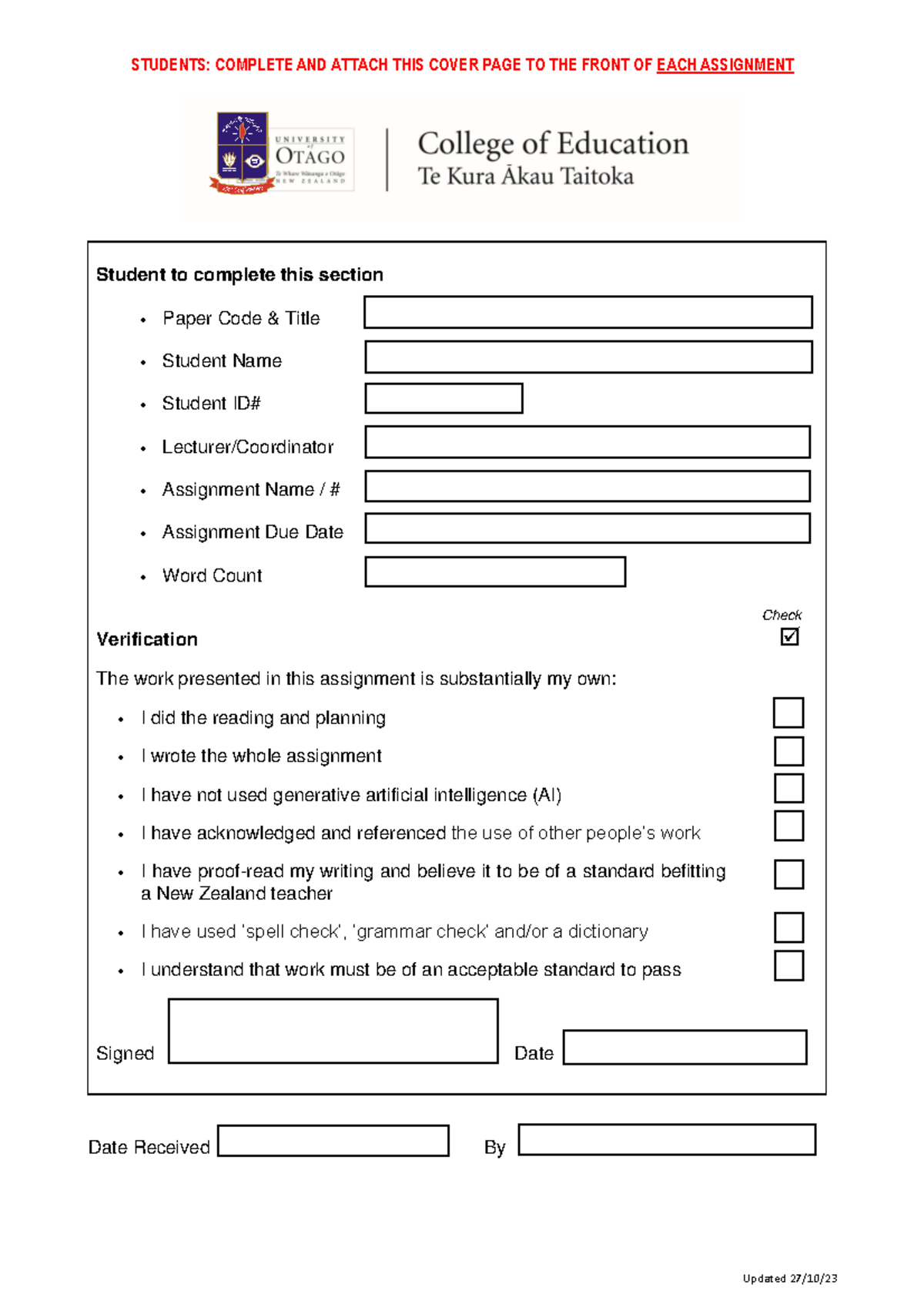Assignment Cover Page Template for Submission - Studocu