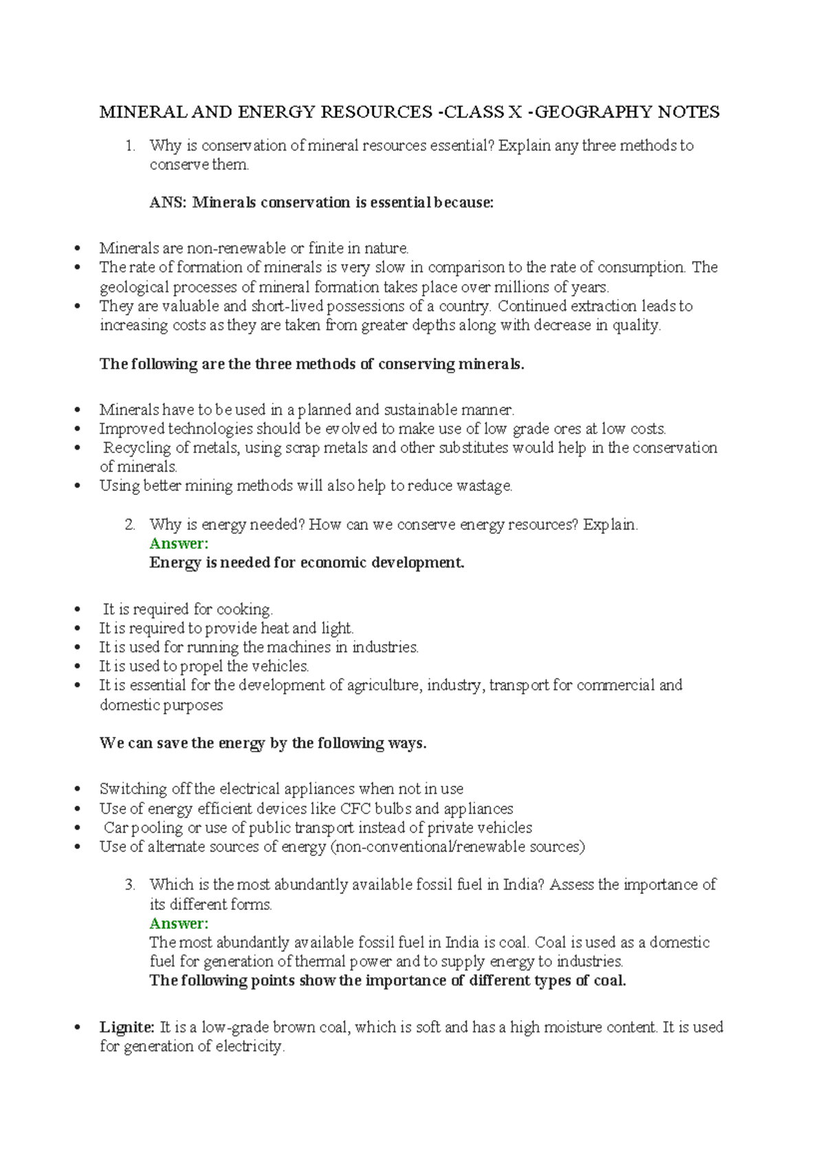 Mineral AND Energy Resources Notes - MINERAL AND ENERGY RESOURCES ...