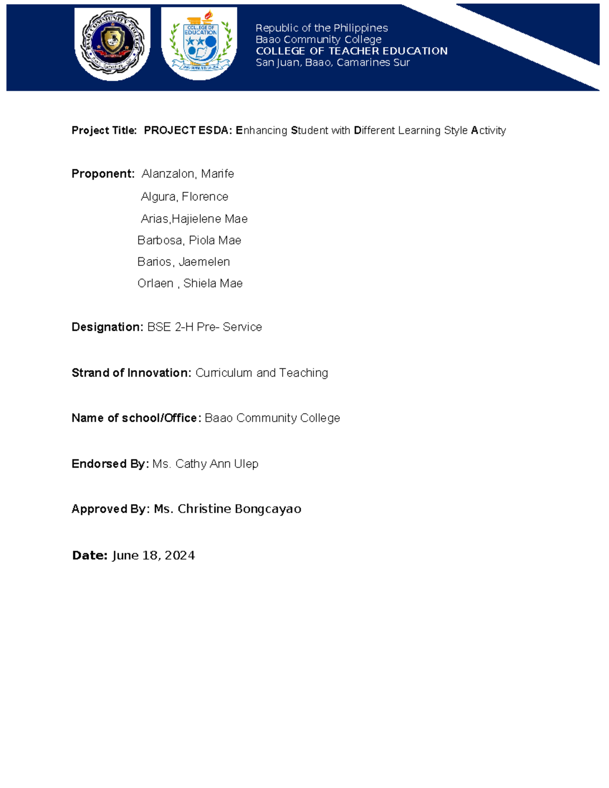 BCC - Project ESDA: Enhancing Learning Styles in Education - Studocu