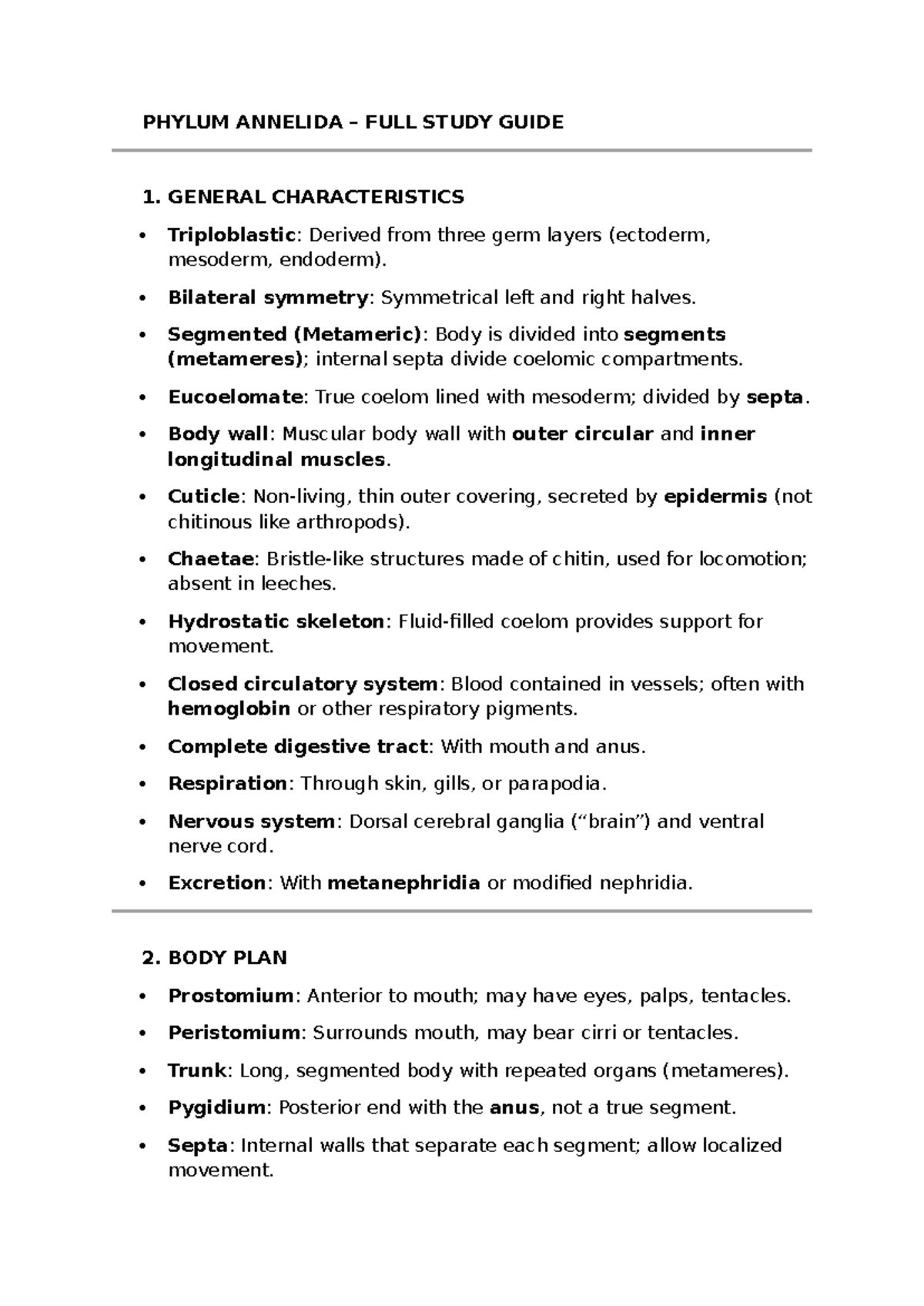 Biol214 - Comprehensive Study Guide on Phylum Annelida and More - Studocu