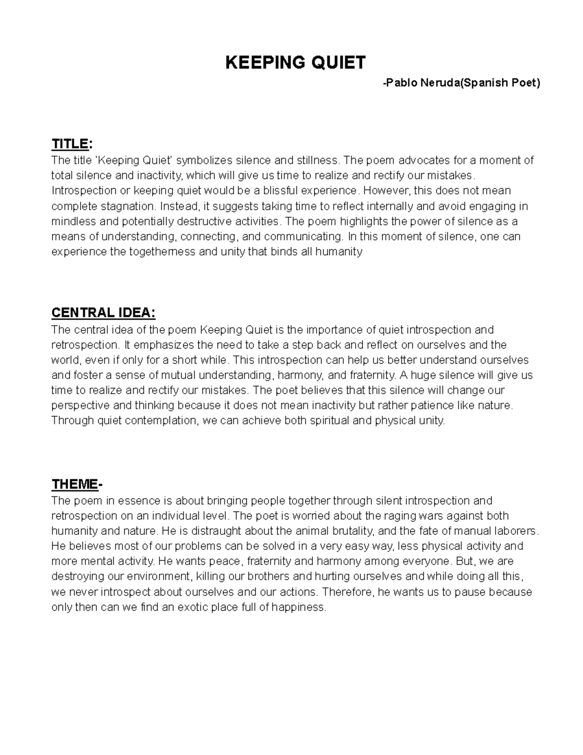 Keeping Quiet (Poem Analysis) Themes & Important Insights Studocu