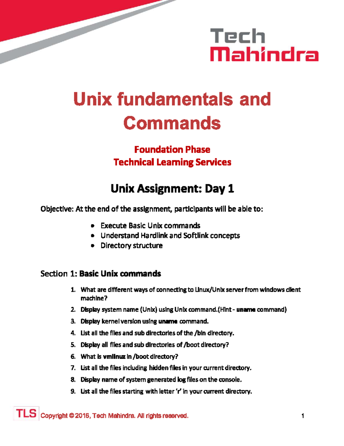 Unix Assignment: Lecture Notes - Tech Mahindra Fundamentals and ...