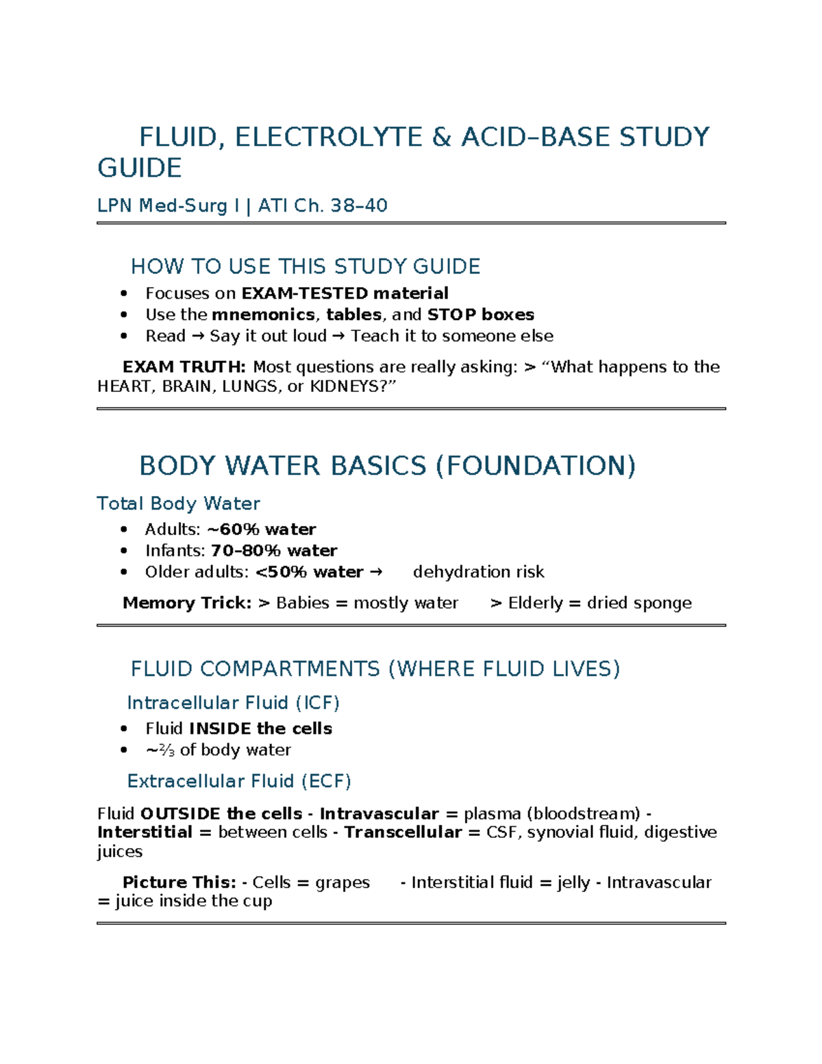 Fluid and Electrolytes Study Guide PN I Spring 2026 - Studocu