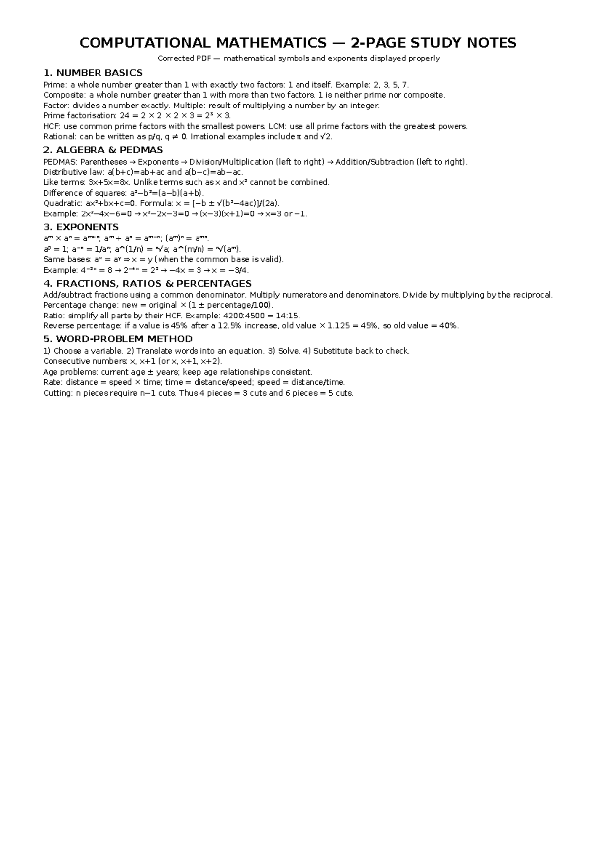 Computational Mathematics 2 Study Notes: Key Concepts & Formulas - Studocu