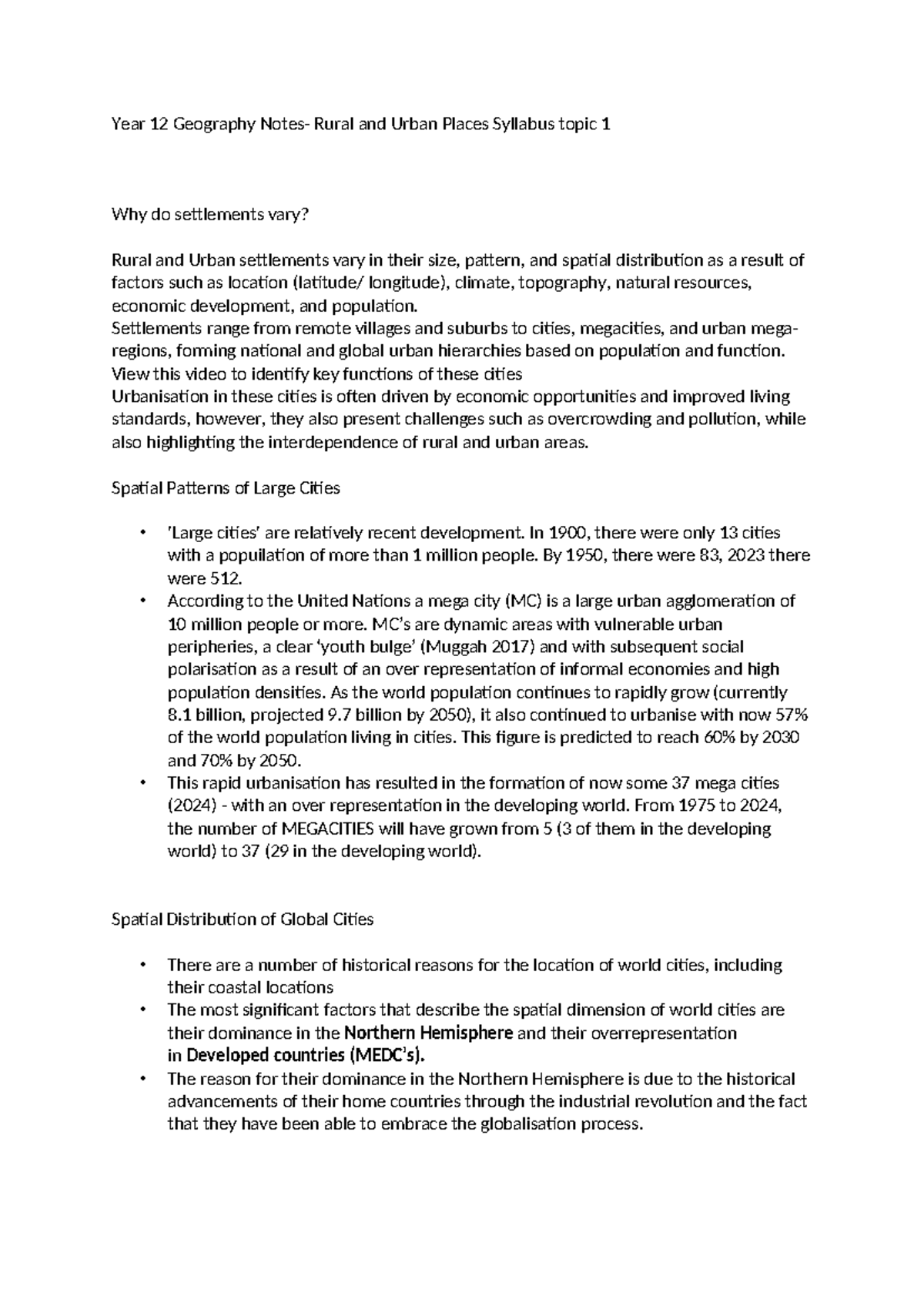 Year 12 Geography Notes: Rural and Urban Settlements Overview - Studocu