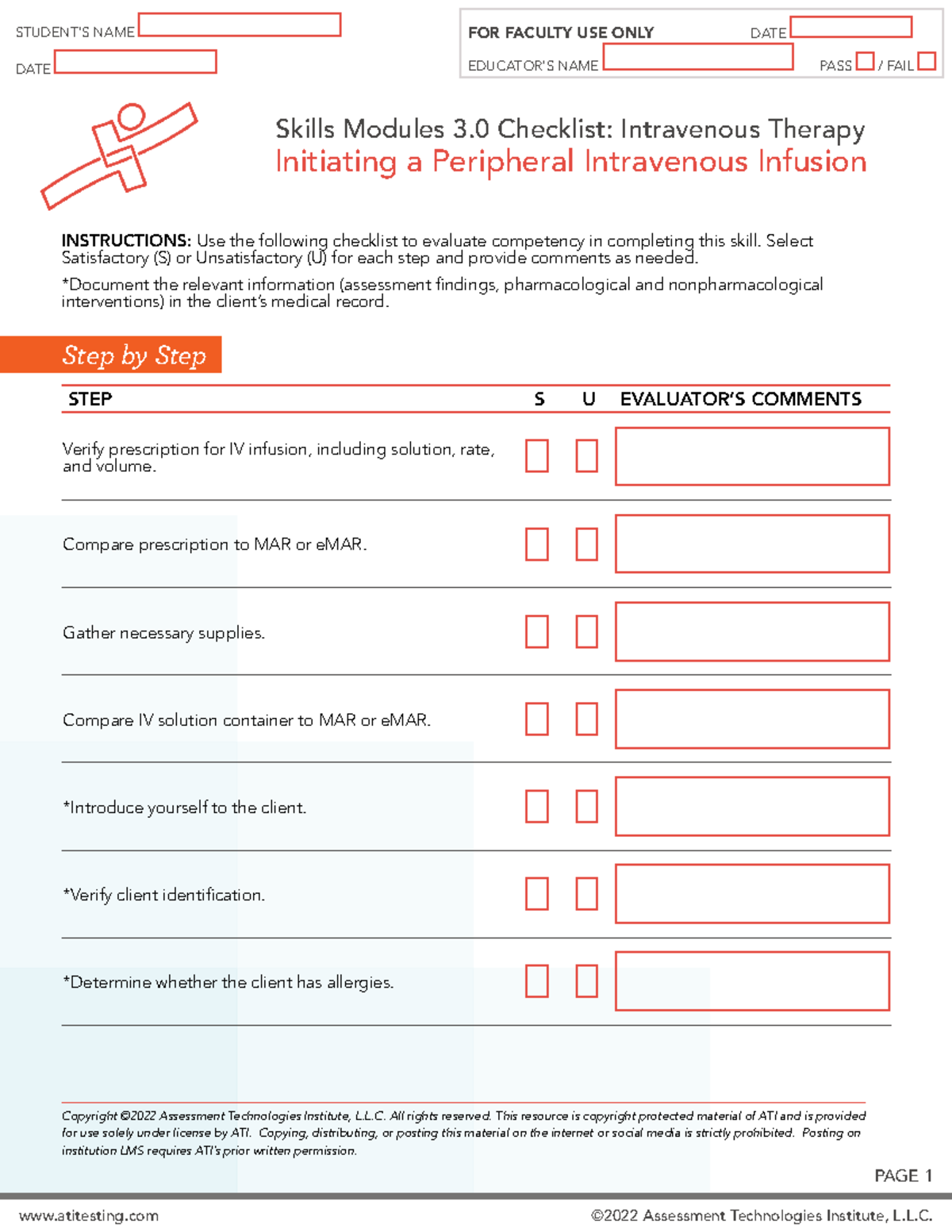 Skills Checklist for Initiating Peripheral IV Infusion (ATI) - Studocu