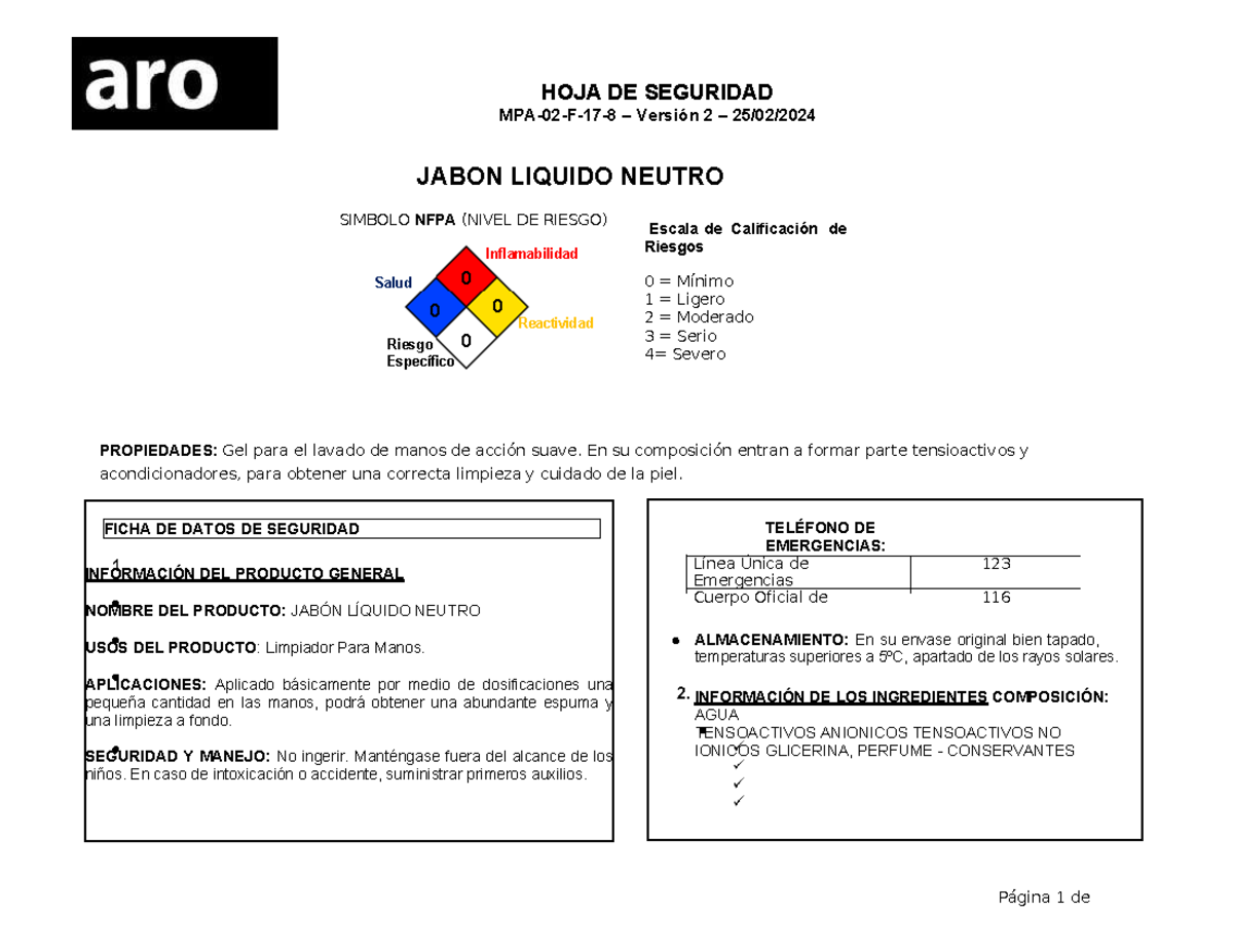 Hoja de Seguridad para Jabón Líquido Neutro - MPA-02-F-17-8 - Studocu