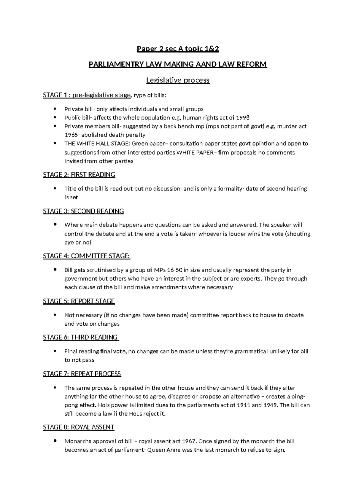 Paper 2 Sec A: Parliamentary Law Making & Reform Process - Studocu