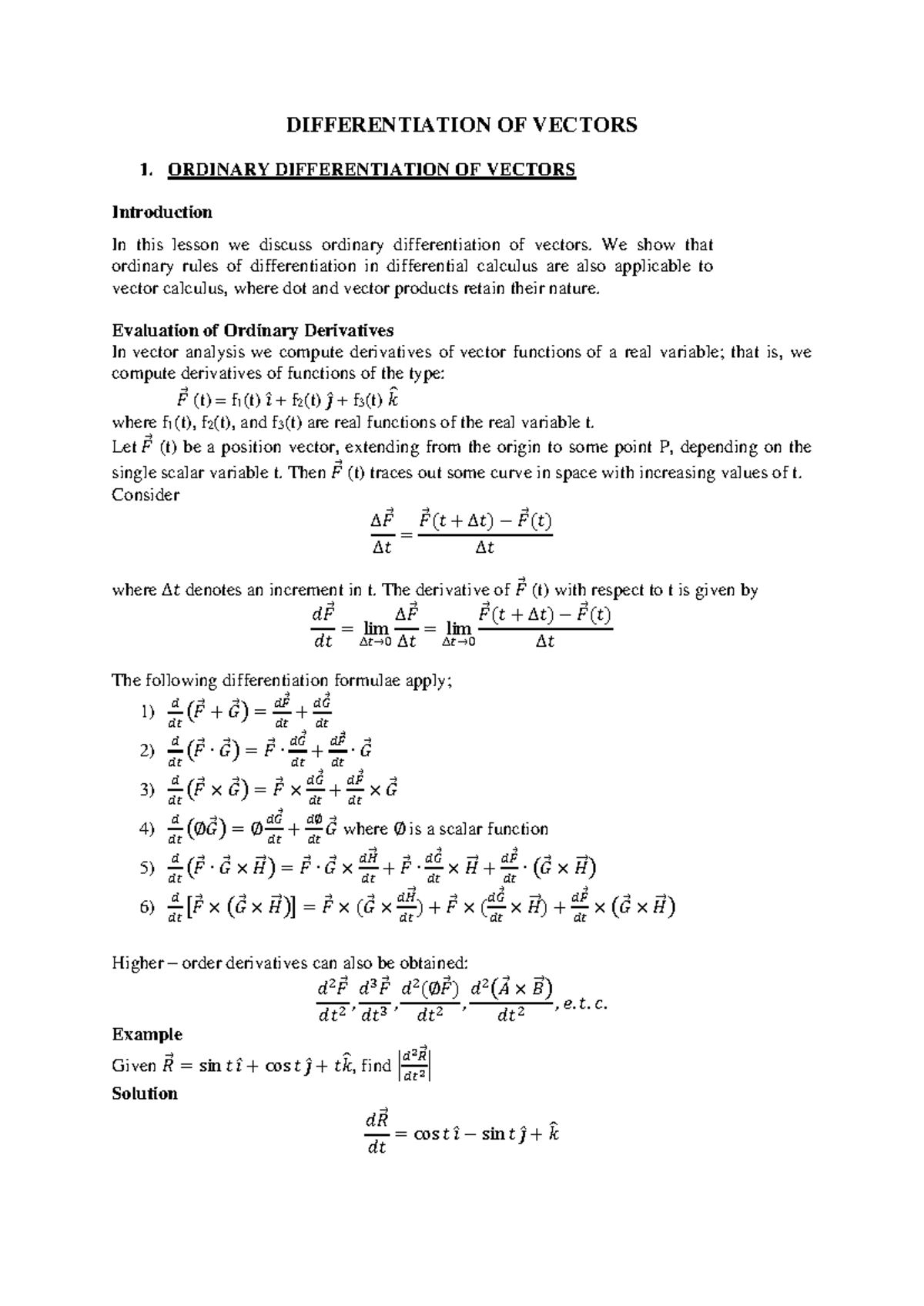 Differentiation of Vectors: Ordinary and Partial Methods for Vectors ...
