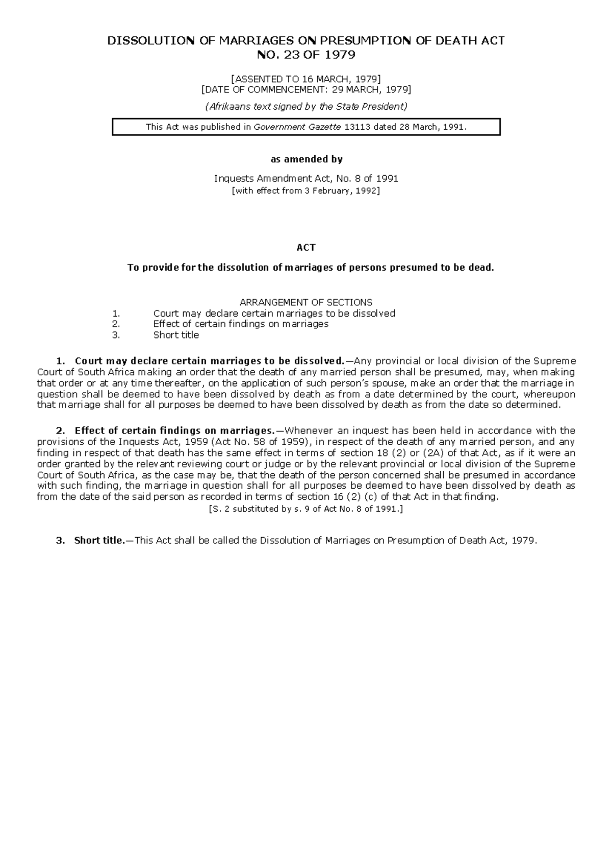 Dissolution of Marriages on Presumption of Death Act 1979 Overview ...
