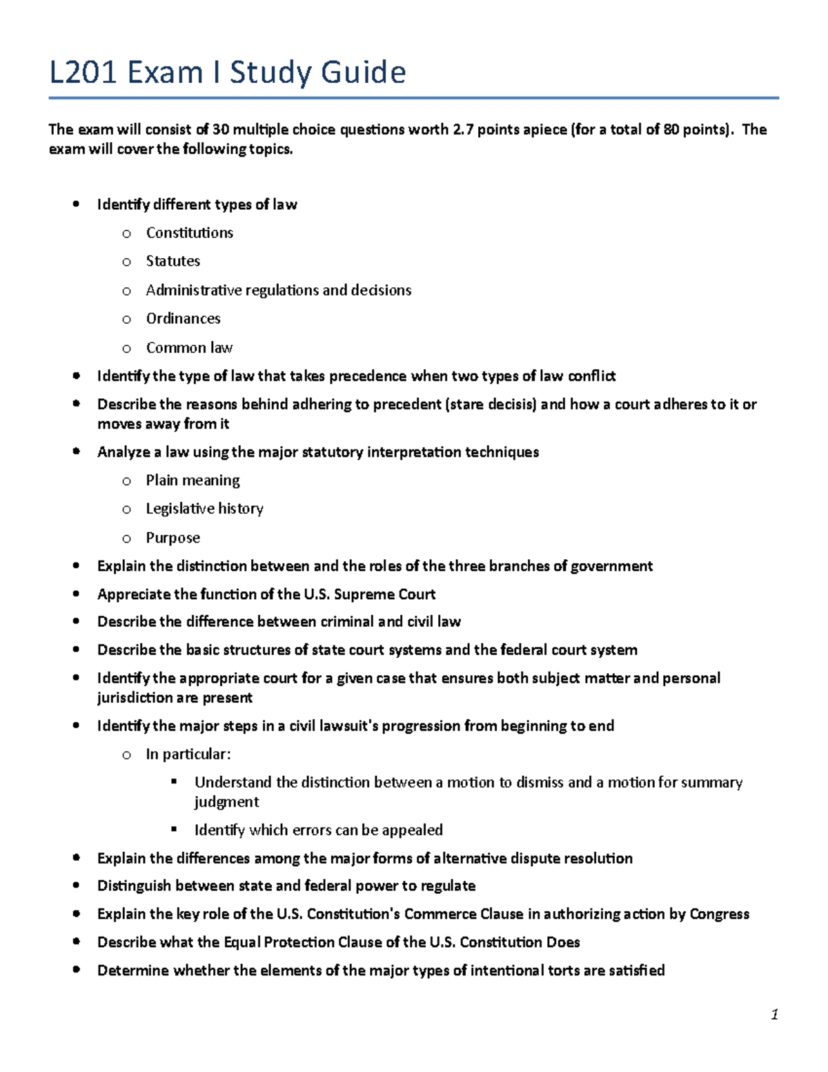 L201 Exam I Study Guide - The exam will cover the following topics ...