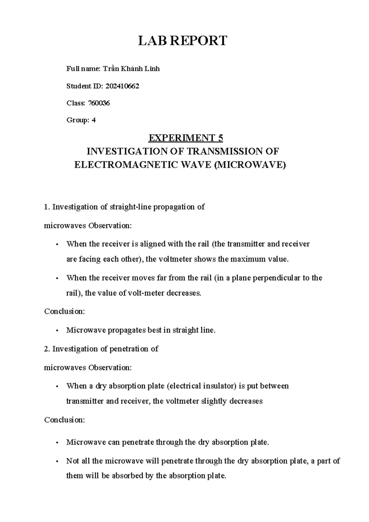 LAB REPORT: Ex 5 - Investigation of Microwave Transmission (760036 ...