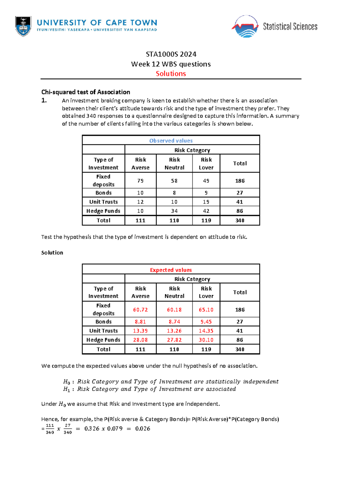 STA1000S 2024 Week 12 WBS Solutions: Investment Risk Analysis - Studocu