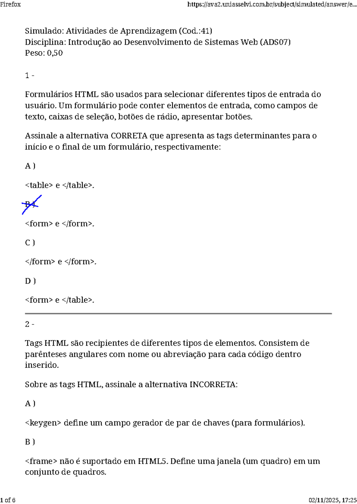 Simulado de Aprendizagem: Introdução ao Desenvolvimento de Sistemas Web ...
