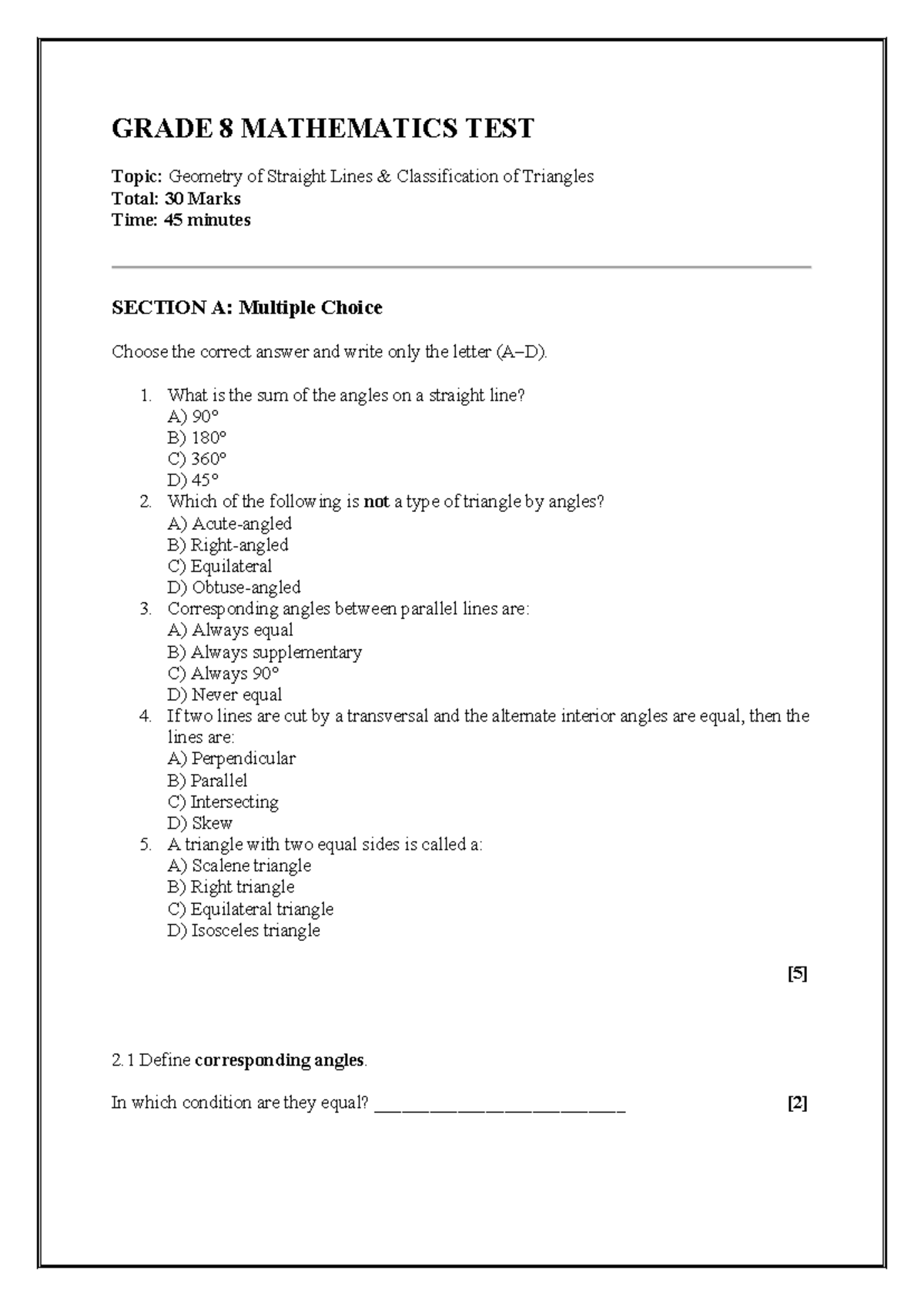 GRADE 8 MATHEMATICS TEST: Geometry of Straight Lines & Triangles - Studocu