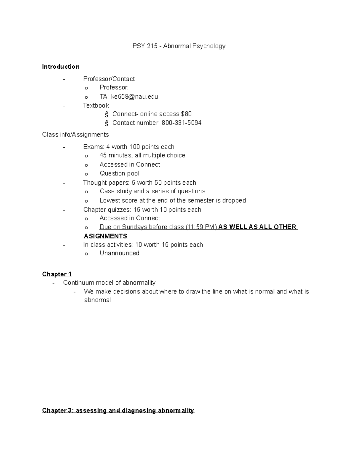 PSY 215 - Comprehensive Lecture Notes on Abnormal Psychology - Studocu
