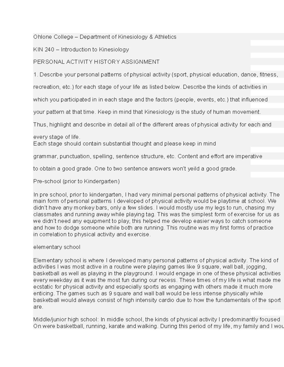 KIN 240 Personal Activity History: A Lifelong Journey in Kinesiology ...