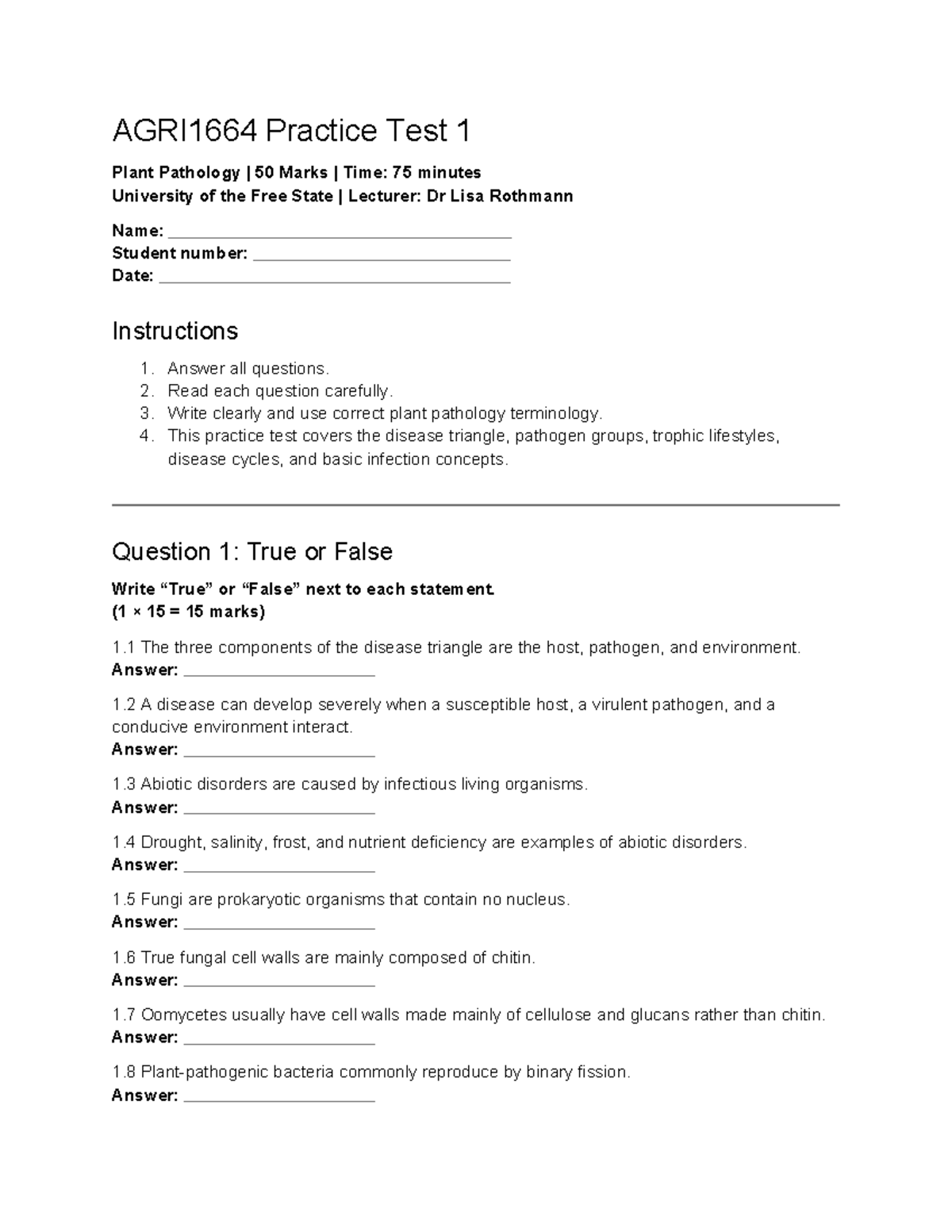 AGRI1664 Practice Test 1: Plant Pathology Overview and Questions - Studocu