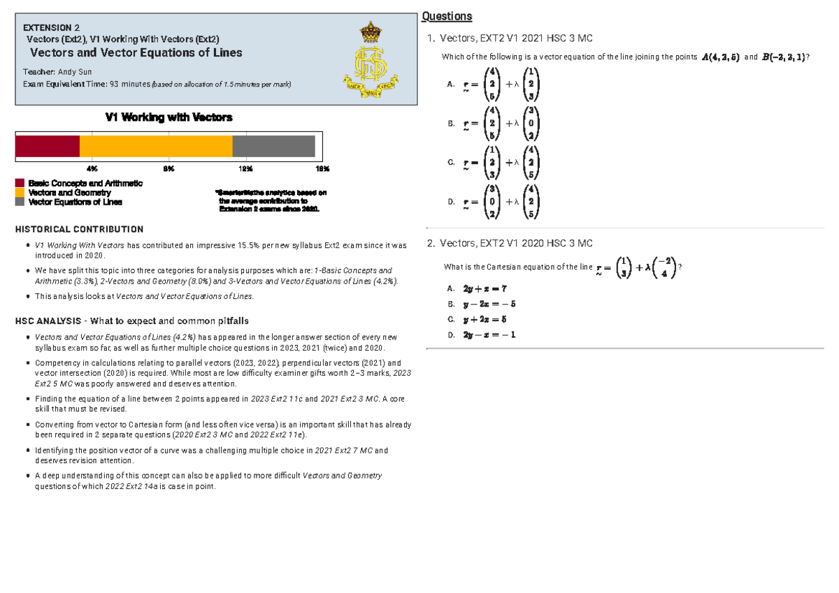 Vectors and Vector Equations of Lines - EXT2 Analysis Notes - Studocu