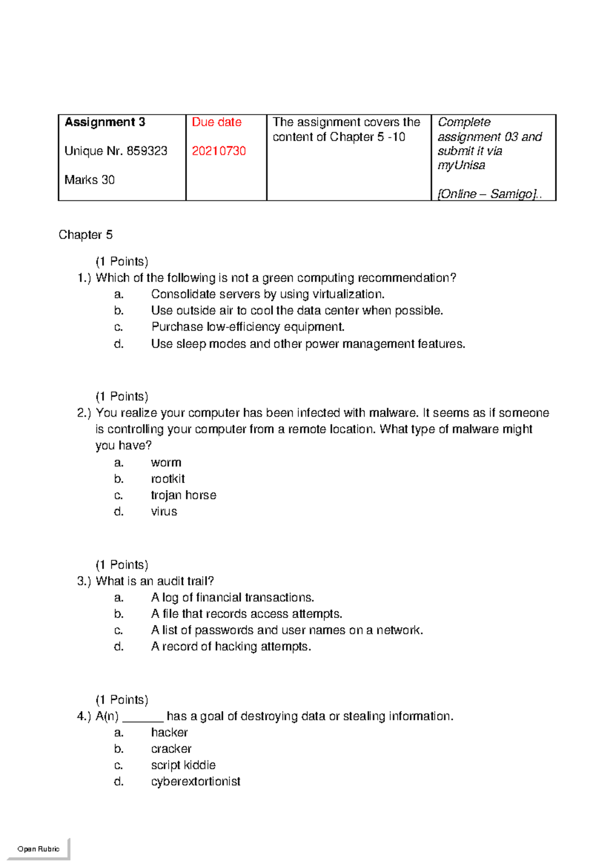 Assignment 3 - Study Guide for Chapters 5 to 10 - Studocu