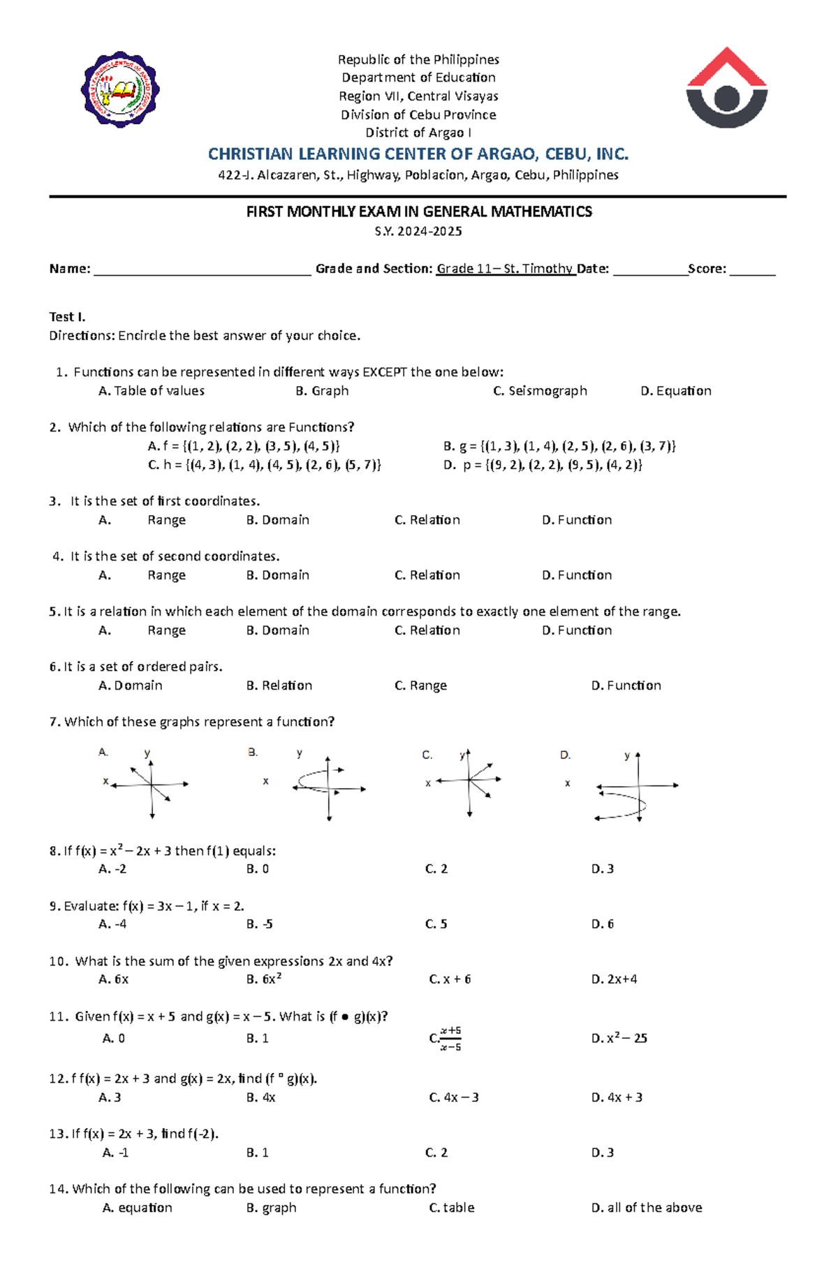First Monthly Exam for Gen Math (Grade 11, S. 2024-2025) - Studocu