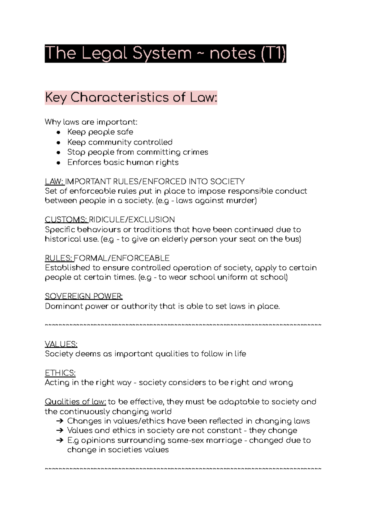 The Legal system ~ notes (T1) - The Legal System ~ notes (T1) Key ...