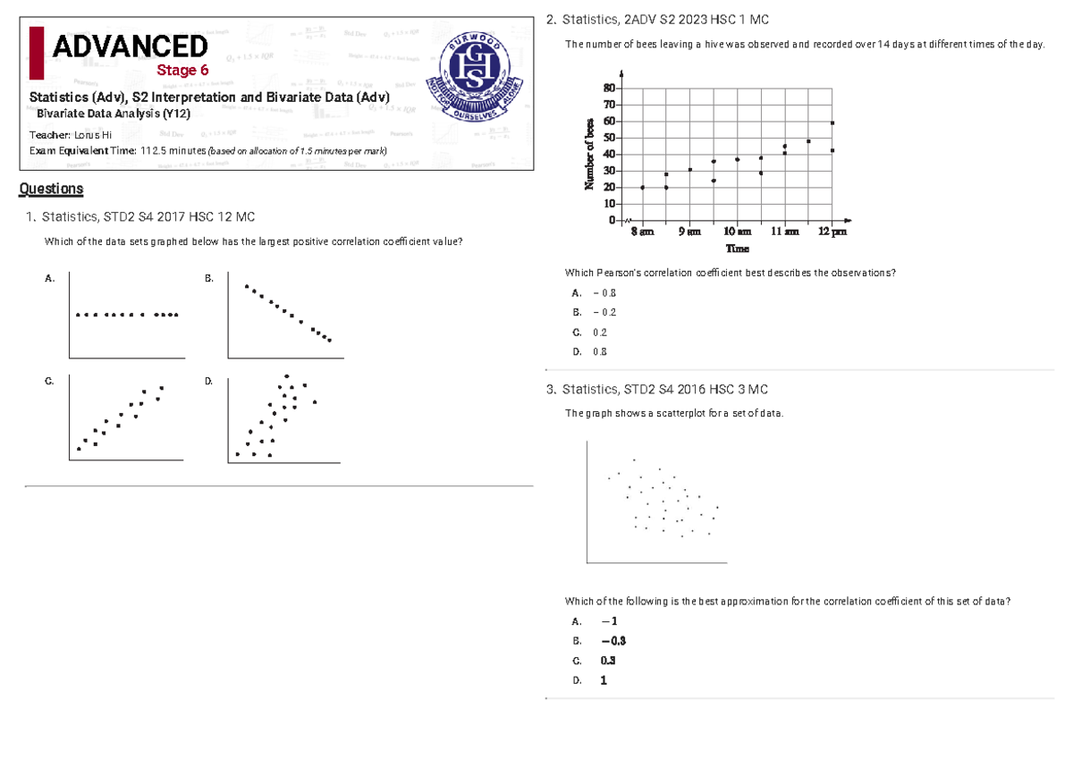 Bivariate Data Analysis - Statistics 2ADV S2 2023 HSC Exam Notes - Studocu