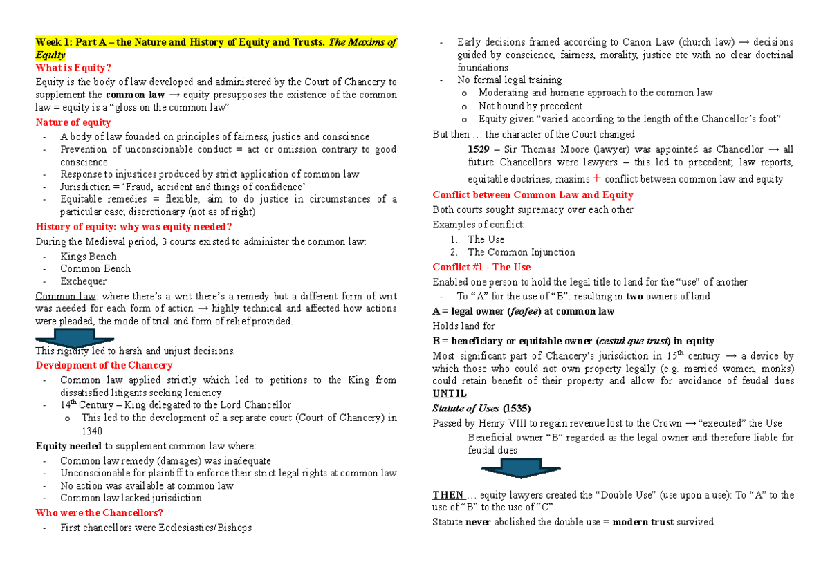 Llb205 Lecture Notes: Week 1 - Nature, History, and Maxims of Equity ...