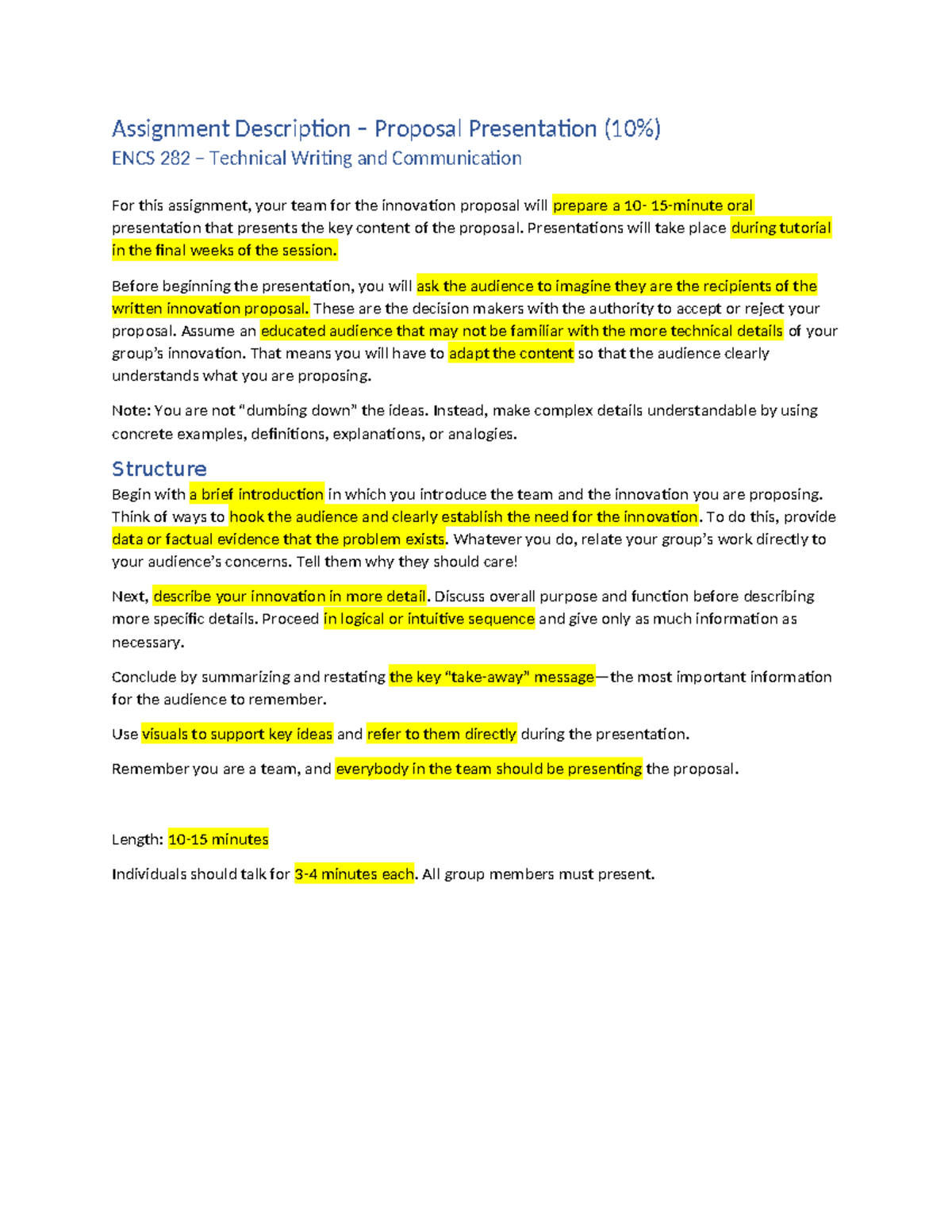 Innovation Proposal Presentation Guidelines ENCS 282 - Studocu