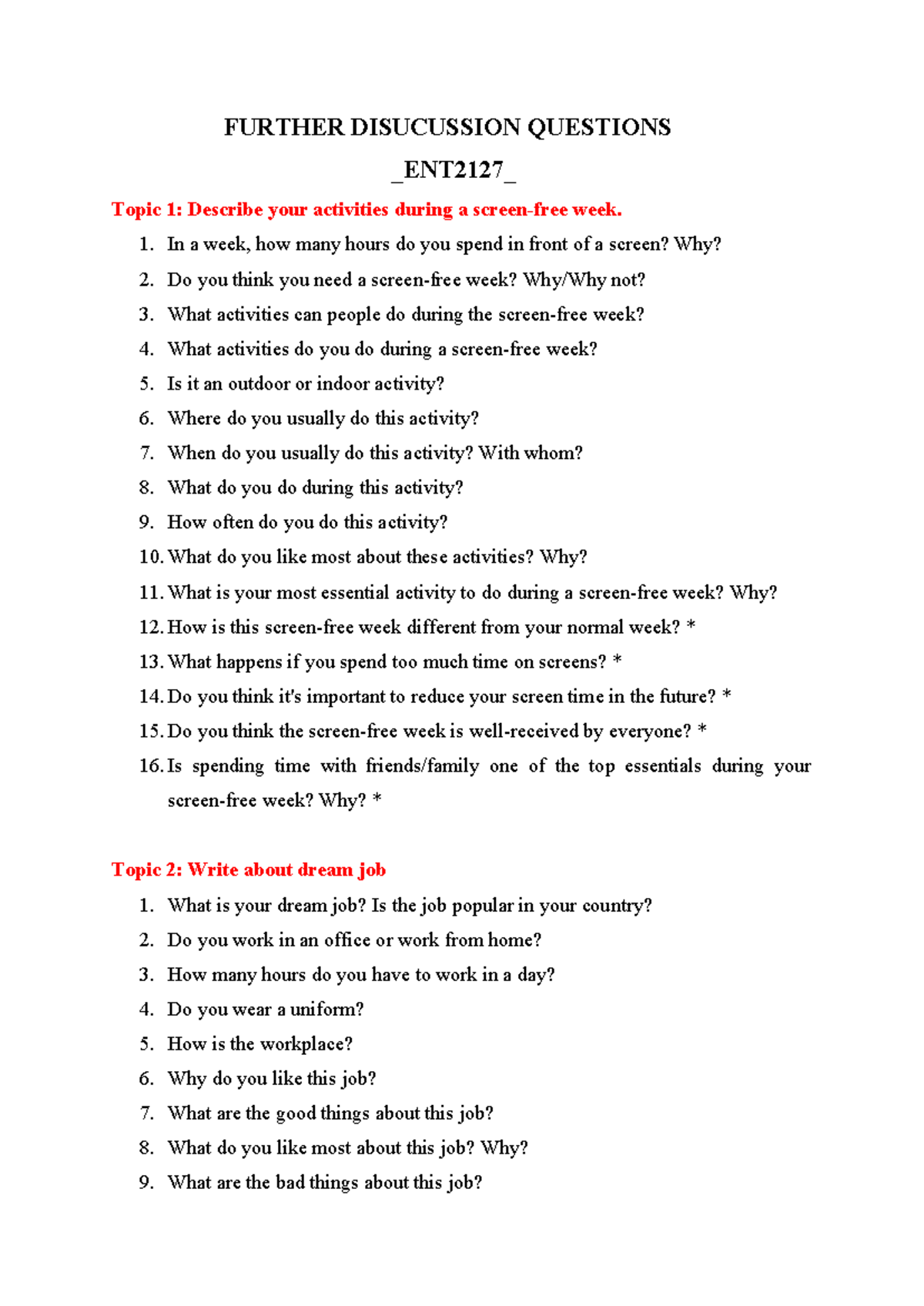 Discussion Questions for ENT2127: Screen-Free Week and More - Studocu