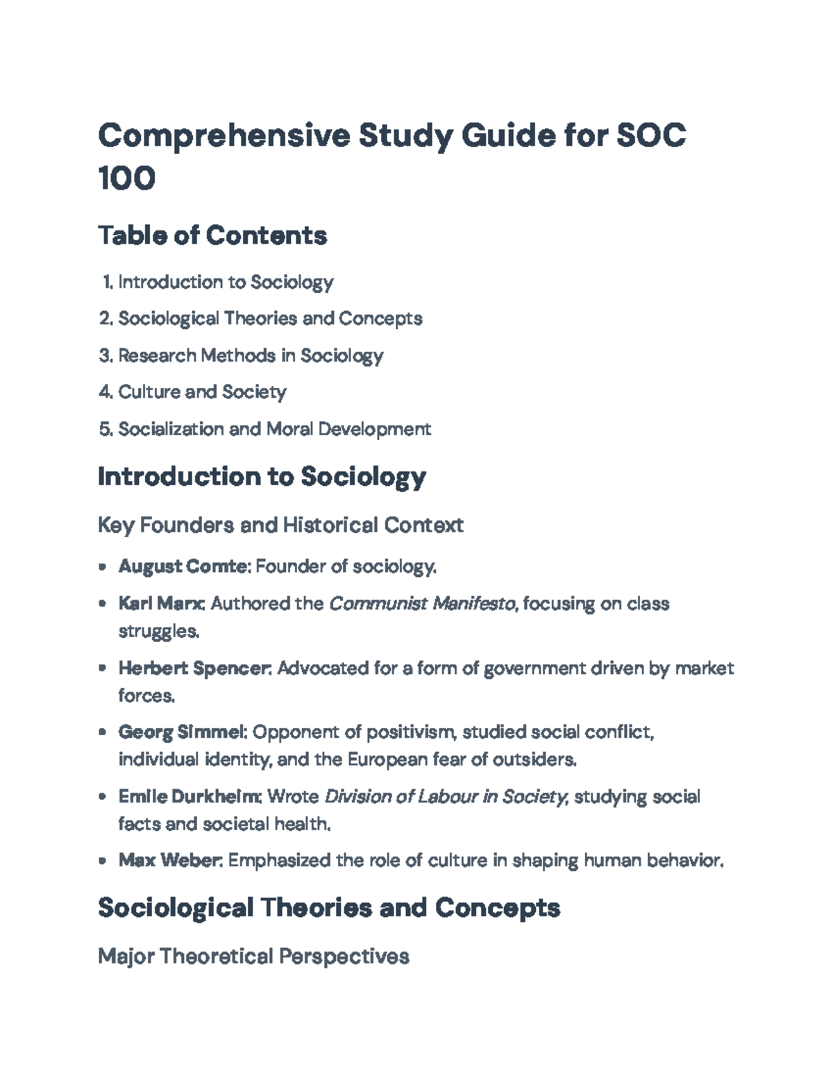 Comprehensive Study Guide for Introductory Sociology (SOC 100 ...