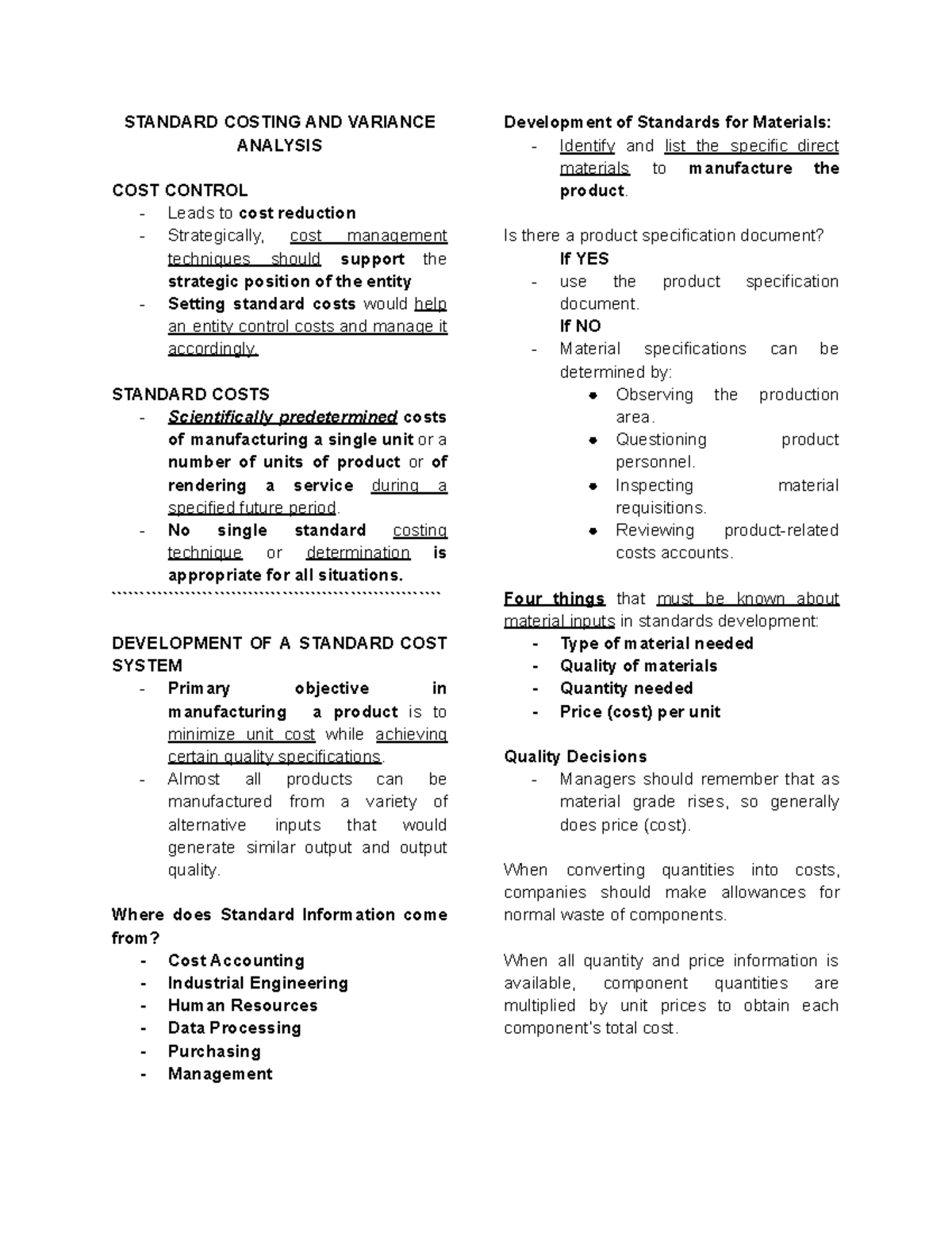 Standard Costing and Variance Analysis (Course Code: SC 101) - Studocu